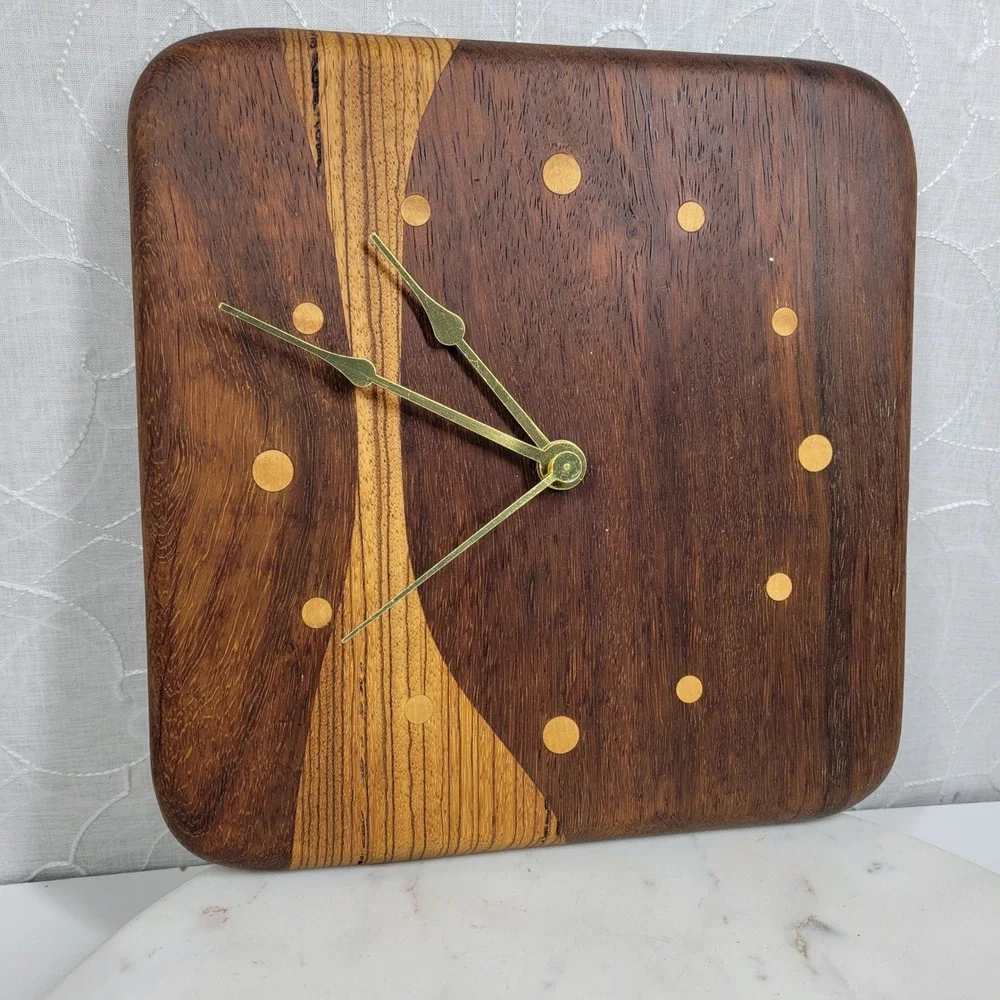VTG Mixed Wood Wall Clock MCM Brass Hands Quartz Japan Studio Handmade Works